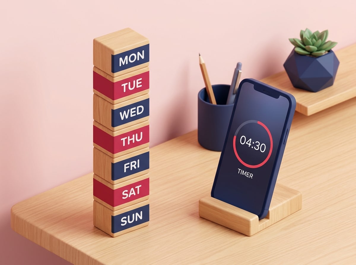 Clean isometric 3D illustration of a small desk calendar made of seven stacked blocks beside a phone on a little stand s