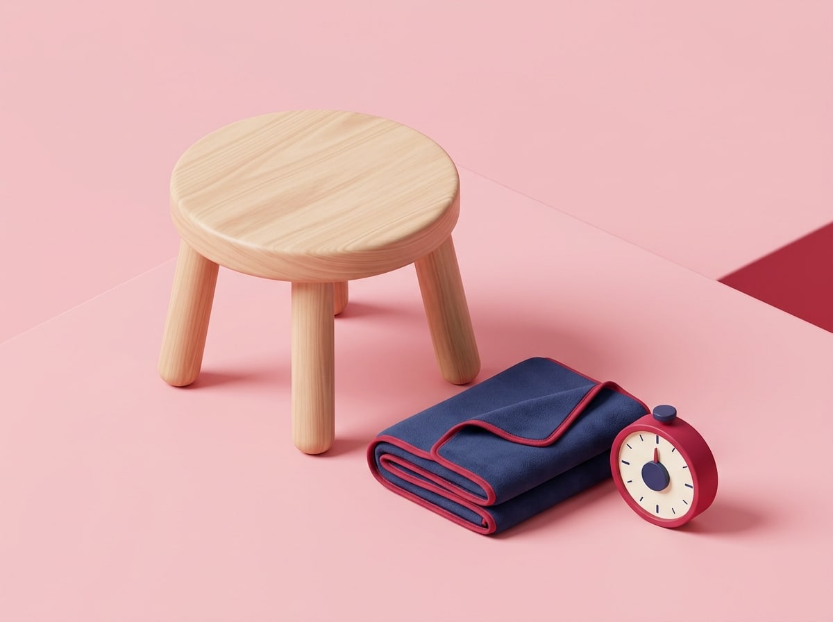 Clean isometric 3D illustration of a low wooden stool, a folded exercise towel and a small round timer on a plain soft p