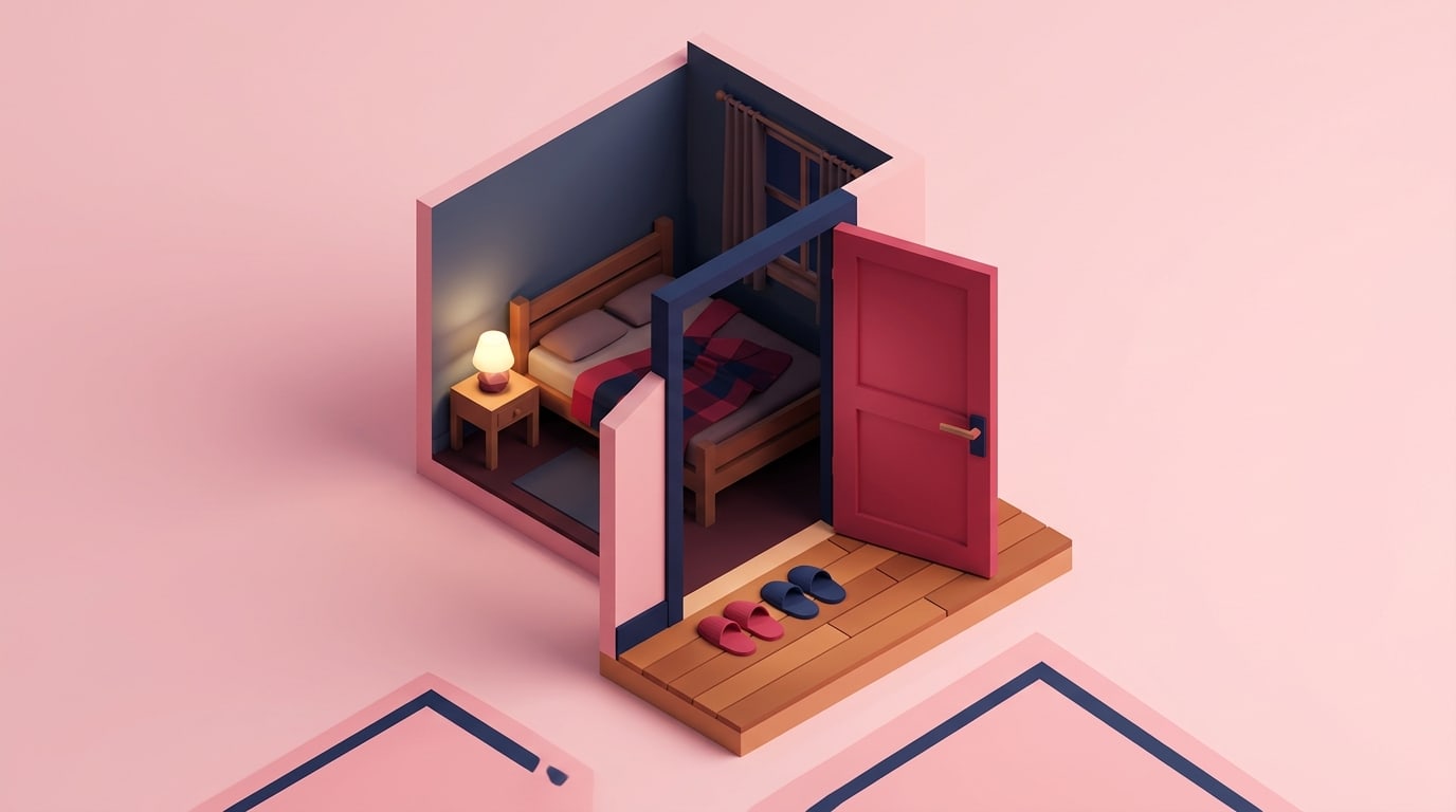Clean isometric 3D illustration of a doorway half open onto a dim bedroom with a single warm bedside lamp and two pairs 